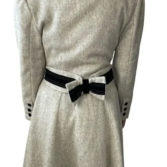 Vintage Womens Cullinane Gray Wool Bow Waist Velvet Collar Trench Coat Jacket S - Picture 8 of 14